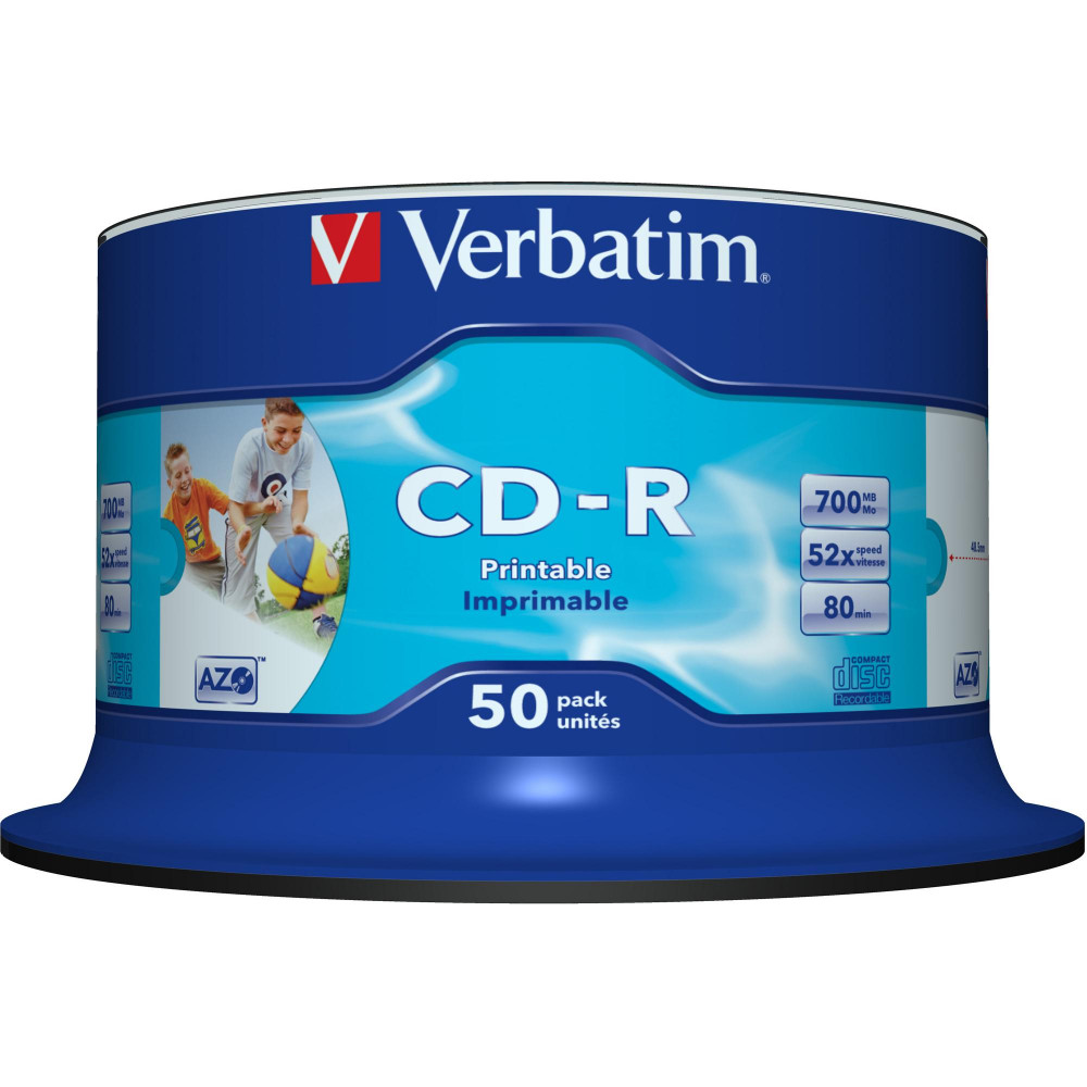 Verbatim Recordable CD-R 80Min 700MB 52X Inkjet Printable Pack Of 50 White