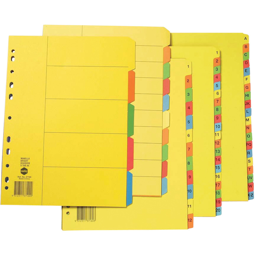 Marbig Manilla Indices & Dividers A4 10 Tab Bright Colours