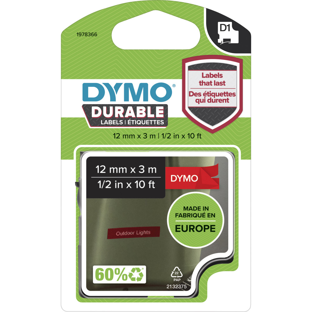 Dymo D1 Label Cassette Tape Durable 12mm x 3m White on Red