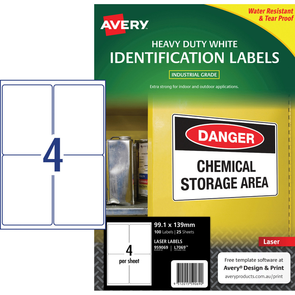 Avery Identification Laser Heavy Duty White L7069 99.1x139mm 4UP 100 Labels