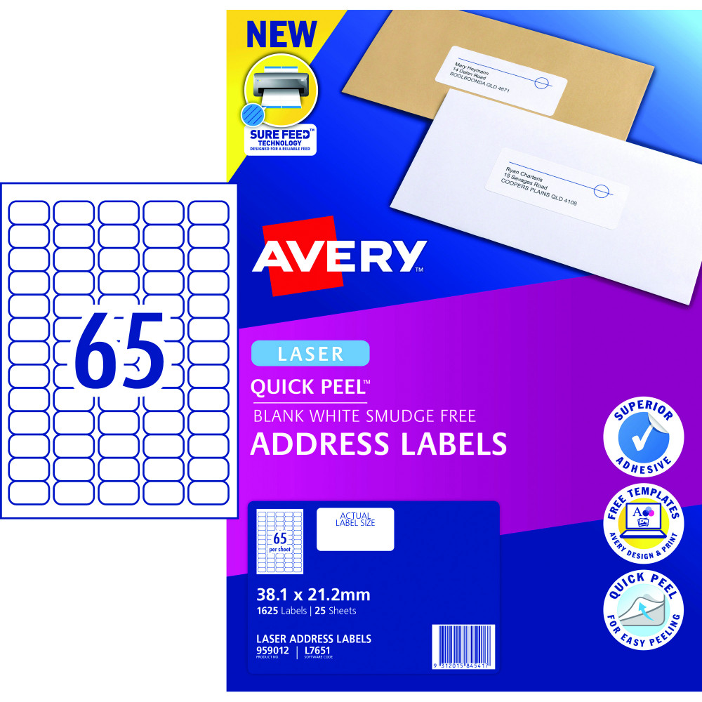 Avery Quick Peel Address Laser White L7651 38.1x21.2mm 65UP 1625 Labels 25 Sheets