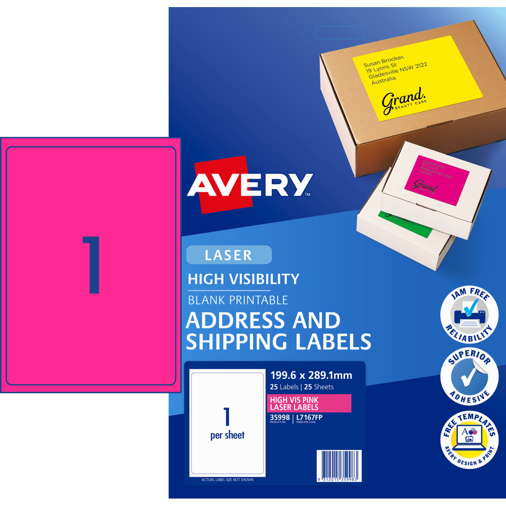 Avery High Visibility Shipping Laser Labels Pink L7167FP 199.6x289mm 1UP 25 Labels