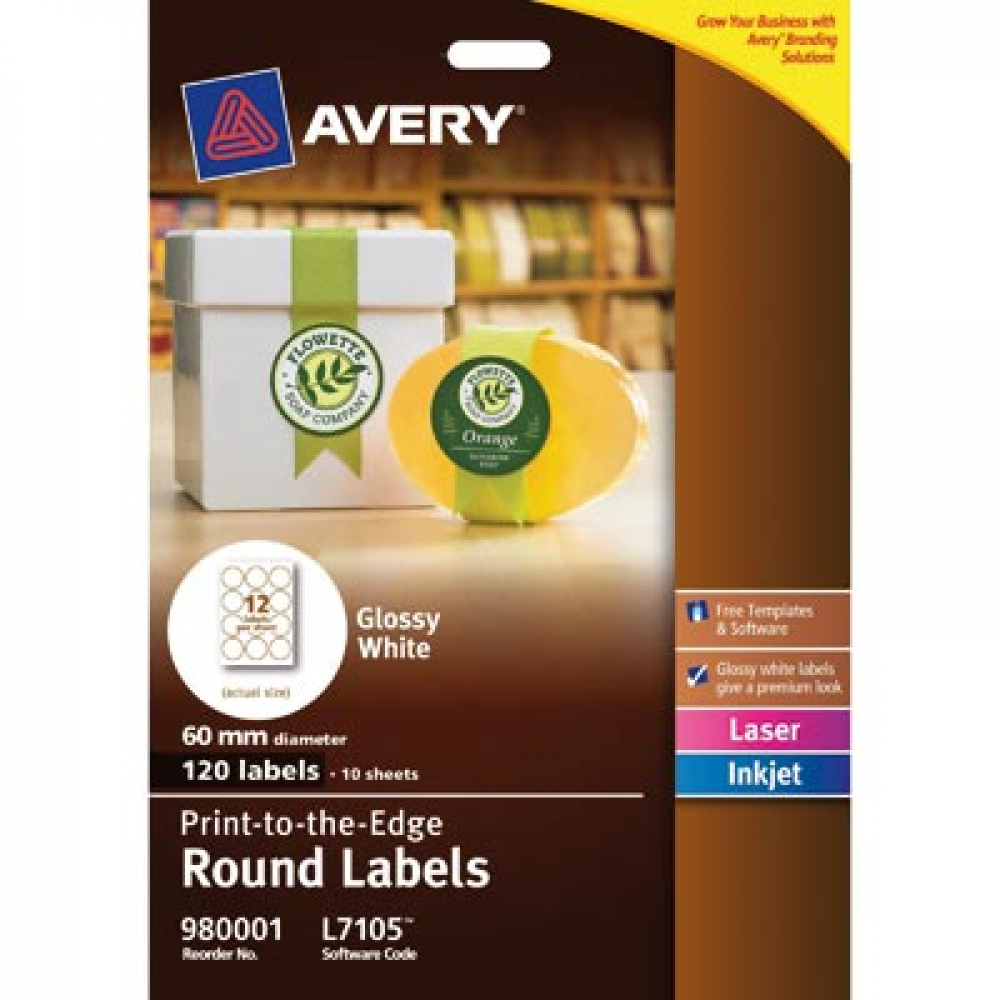 Avery Blank Printable Labels L7105 60mm Round Gloss White 12UP 120 Labels 10 Sheets