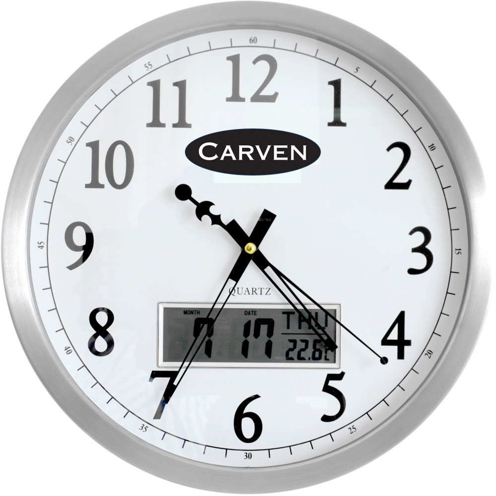 Carven Wall Clock 35cm Diameter With LCD Date  Aluminium Frame