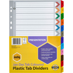 Marbig Plastic Divider A4 Reinforced Jan-Dec Tab Multi Colour