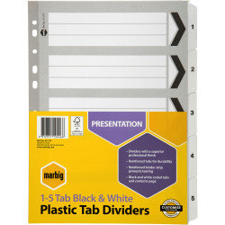 Marbig Plastic Divider A4 Reinforced 1-5 Tab Black