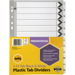 Marbig Plastic Divider A4 Reinforced 1-12 Tab Black