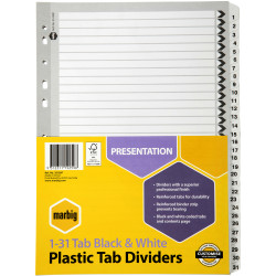 Marbig Plastic Divider A4 Reinforced 1-31 Tab Black