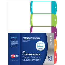 Avery L7411-5 Customisable Dividers A4 1-5 Index Tabs Bright Assorted