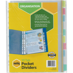 Marbig Plastic Divider A4 10 Tab Clear Pocket Multi Colour