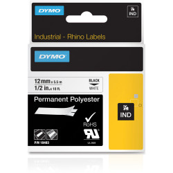 Dymo 18483 Rhino Industrial Labels 12mmx5.5m Polyester Black on White