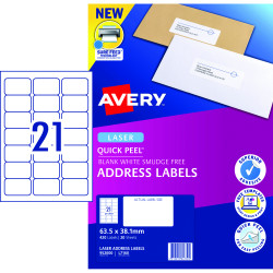 Avery Quick Peel Address Laser Labels White L7160 63.5x38.1mm 21UP 420 Labels 20 Sheets