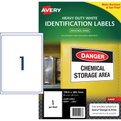 Avery Heavy Duty Laser Labels Waterproof White L7067 199.6 x 289.1mm 1UP 25 Labels