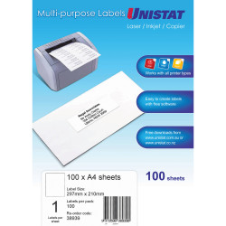 Unistat Laser Copier & Inkjet Labels 297x210mm 1UP 100 labels 100 sheets