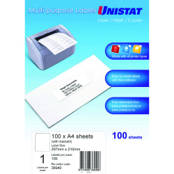 Unistat Laser Copier & Inkjet Labels 297x210mm Back Slit 1UP 100 labels 100 sheets