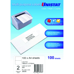 Unistat Laser Copier & Inkjet Labels 148x210mm 2UP 200 labels 100 sheets