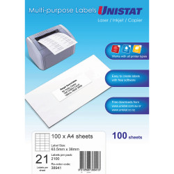 Unistat Laser Copier & Inkjet Labels 63.5x38mm 21UP 2100 labels 100 sheets