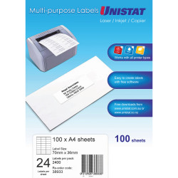 Unistat Laser Copier & Inkjet Labels 70x36mm 24UP 2400 Labels 100 Sheets