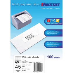 Unistat Laser Copier & Inkjet Labels 51x15mm 45UP 4500 Labels 100 Sheets