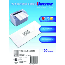 Unistat Laser Copier & Inkjet Labels 38.1x21.2mm 65UP 6500 Labels 100 Sheets