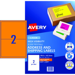 Avery High Visibility Shipping Laser Labels Orange L7168FO 199.6x143.5mm 2UP 20 Labels