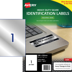 Avery Heavy Duty Laser Labels Asset Tags Silver L6013 210x298mm 1UP 20 Labels