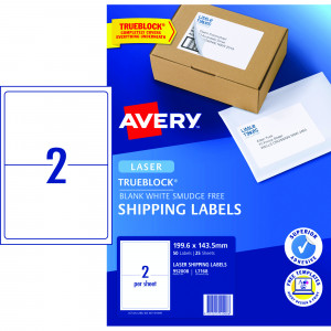 Avery Shipping Laser Labels White L7168 199.1x143.5mm 2UP 50 Labels 25 Sheets