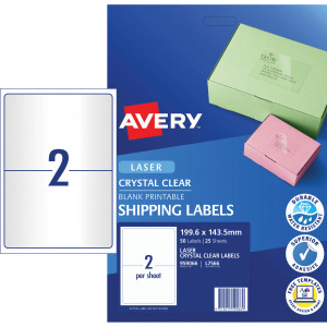 Avery Crystal Clear Laser  Address L7566 199.1x143.5mm 2UP 50 Labels 25 Sheets