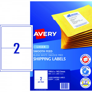 Avery Shipping Laser Labels White L7168 199.1x143.5mm 2UP 500 Labels 250 Sheets