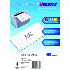 Unistat Laser Copier & Inkjet Labels 105x148mm 4UP 400 Labels 100 Sheets