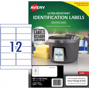 Avery Ultra-Resistant Chemical Grade Laser Labels L7913 99.1x 42.3mm White Pack of 10 (120)